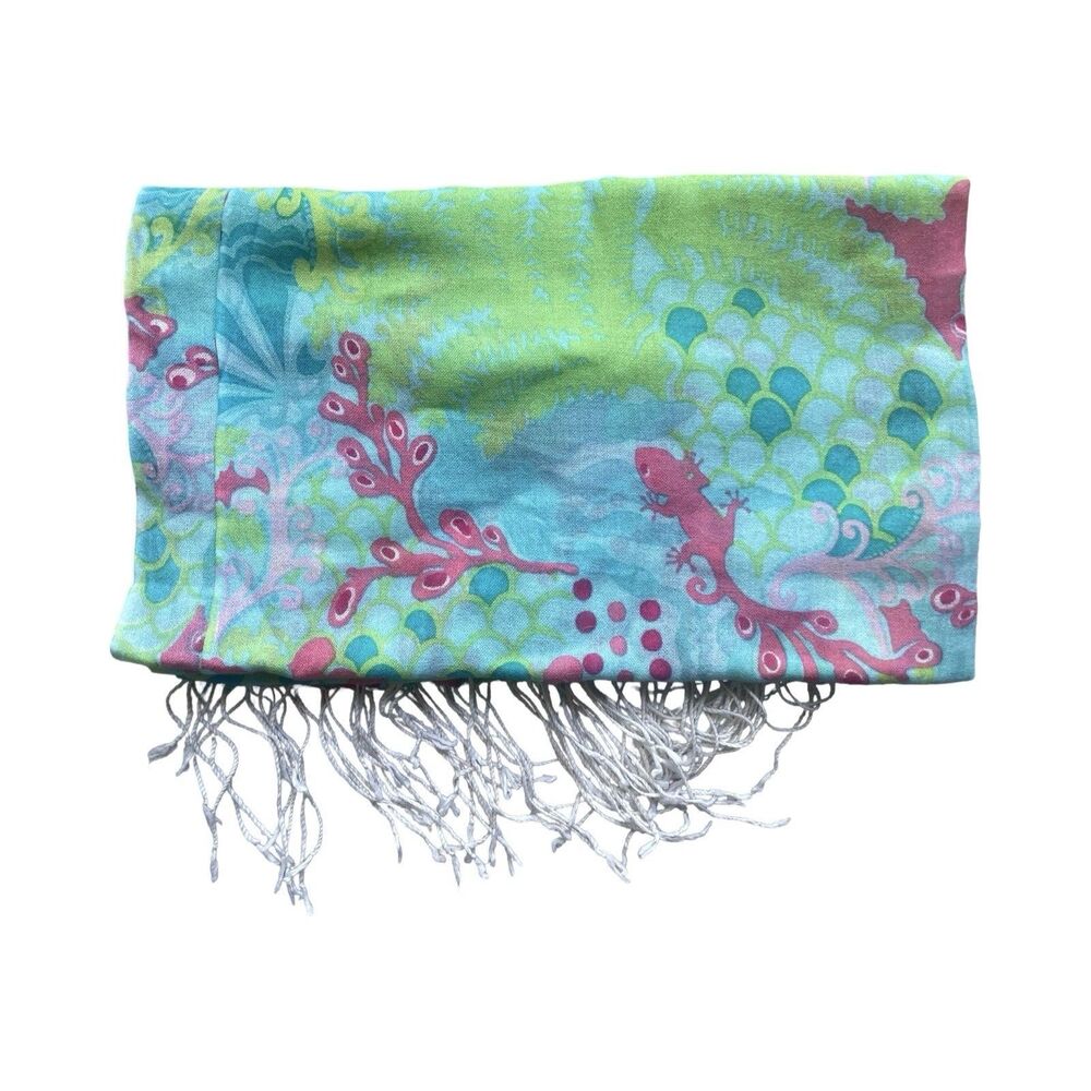 Lilly Pulitzer Checkin' in Gecko Green Pink Fringed Wrap Scarf 28 x 76